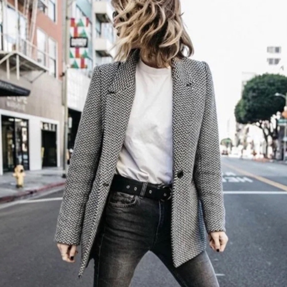 Anine Bing Fishbone Blazer Womens Small Black Off White Herringbone Oversized